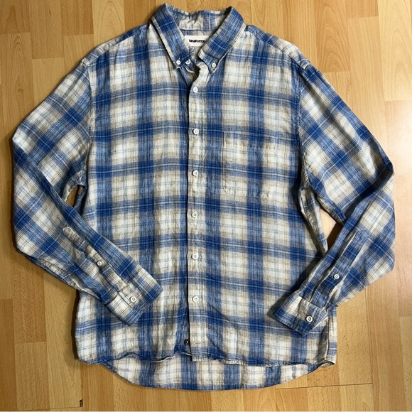 Taylor Stitch Blue and Cream Plaid Button Down Shirt 100% Linen 42 Lightweight - Picture 1 of 8